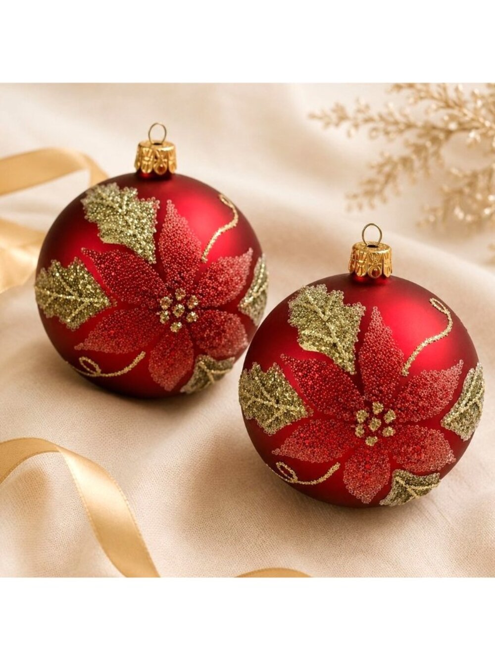 Dillards Trimmings Christmas Poinsettia Ornaments Set of 2 Glass VTG Slovakia